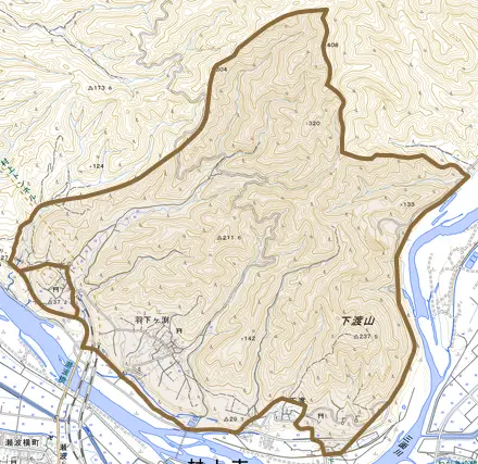 羽下ケ渕とその周辺の地図。町の範囲を重ねている