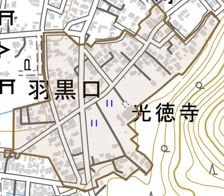 羽黒口とその周辺の地図。町の範囲を重ねている