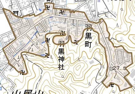 羽黒町とその周辺の地図。町の範囲を重ねている