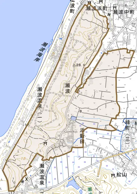 浜新田とその周辺の地図。町の範囲を重ねている