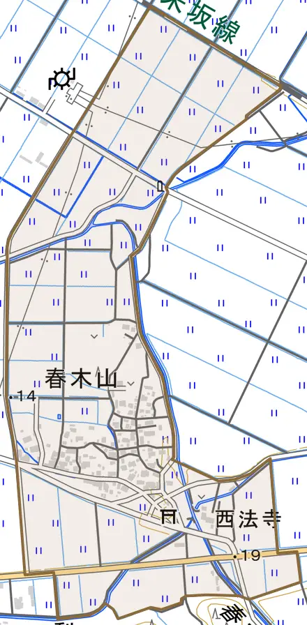 春木山とその周辺の地図。町の範囲を重ねている