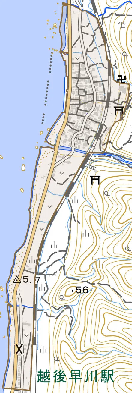 早川とその周辺の地図。町の範囲を重ねている