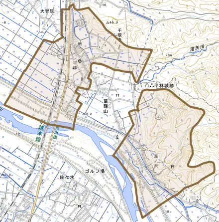 平林とその周辺の地図。町の範囲を重ねている