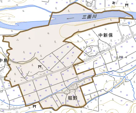 堀野とその周辺の地図。町の範囲を重ねている