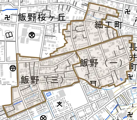 飯野とその周辺の地図。町の範囲を重ねている