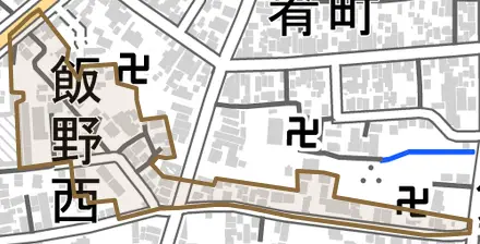 飯野西とその周辺の地図。町の範囲を重ねている