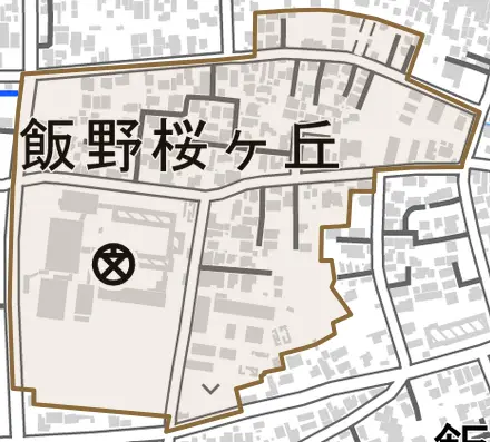 飯野桜ケ丘とその周辺の地図。町の範囲を重ねている