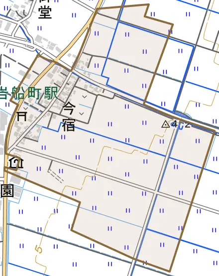 今宿とその周辺の地図。町の範囲を重ねている