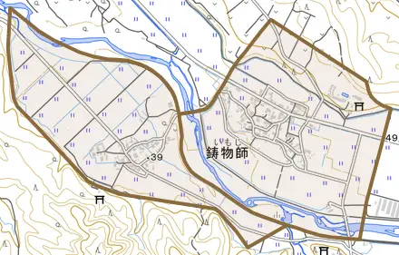 鋳物師とその周辺の地図。町の範囲を重ねている