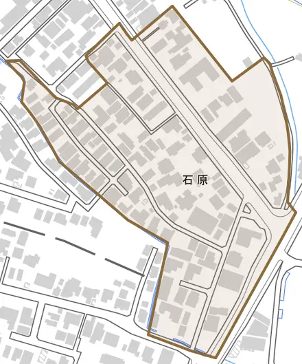 石原とその周辺の地図。町の範囲を重ねている