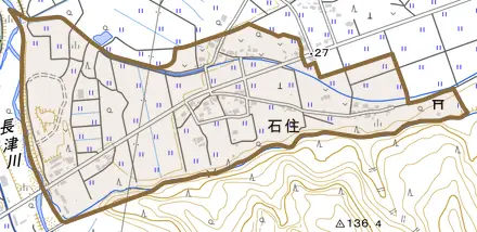 石住とその周辺の地図。町の範囲を重ねている