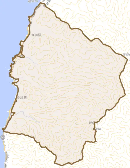 板貝とその周辺の地図。町の範囲を重ねている