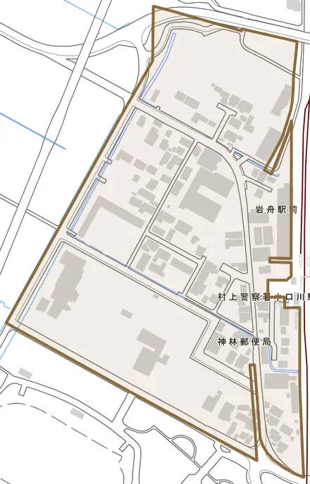 岩船駅前とその周辺の地図。町の範囲を重ねている