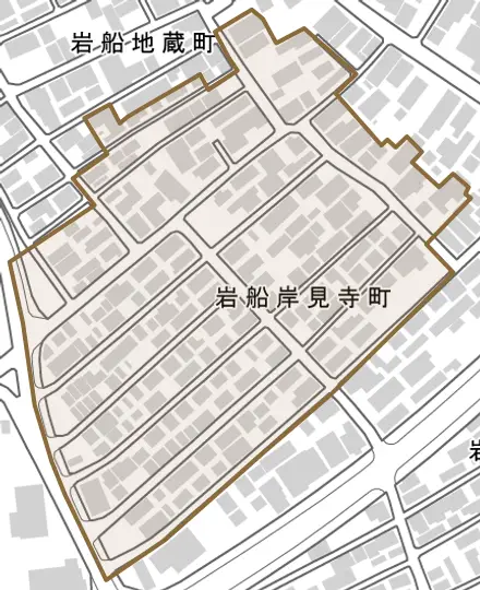 岩船岸見寺町とその周辺の地図。町の範囲を重ねている