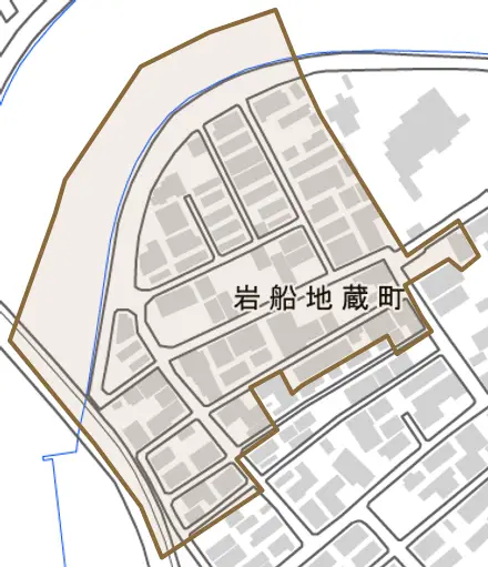 岩船地蔵町とその周辺の地図。町の範囲を重ねている