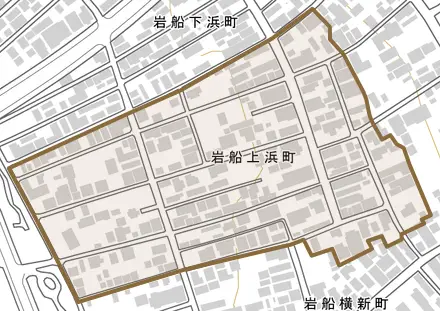 岩船上浜町とその周辺の地図。町の範囲を重ねている