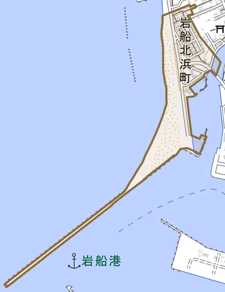 岩船北浜町とその周辺の地図。町の範囲を重ねている