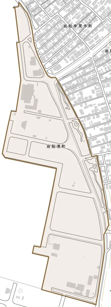 岩船港町とその周辺の地図。町の範囲を重ねている