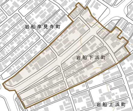 岩船下浜町とその周辺の地図。町の範囲を重ねている