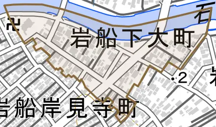 岩船下大町とその周辺の地図。町の範囲を重ねている