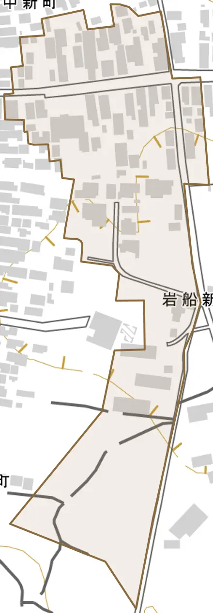 岩船新田町とその周辺の地図。町の範囲を重ねている