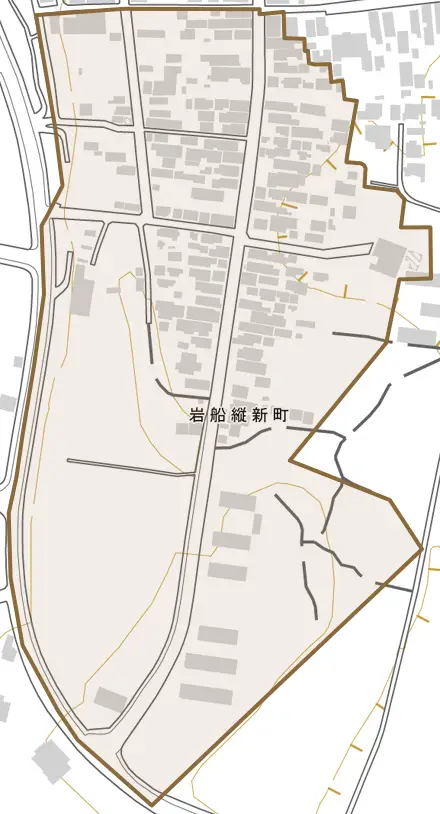 岩船縦新町とその周辺の地図。町の範囲を重ねている