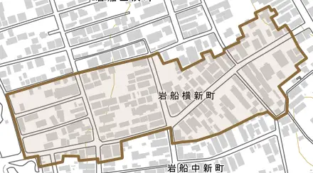 岩船横新町とその周辺の地図。町の範囲を重ねている