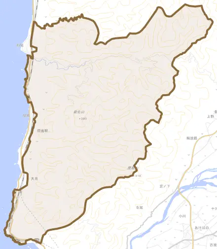 岩ケ崎とその周辺の地図。町の範囲を重ねている