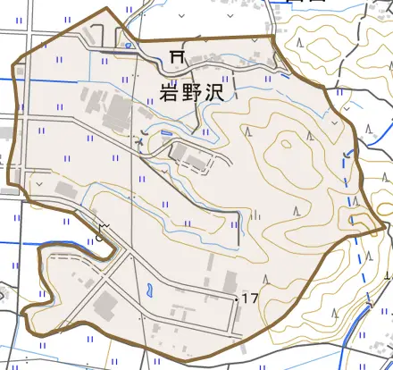 岩野沢とその周辺の地図。町の範囲を重ねている