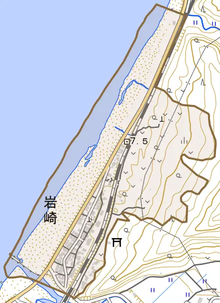 岩崎とその周辺の地図。町の範囲を重ねている