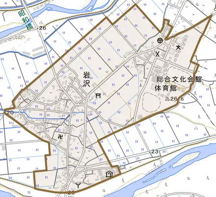 岩沢とその周辺の地図。町の範囲を重ねている