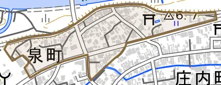 泉町とその周辺の地図。町の範囲を重ねている