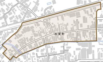 加賀町とその周辺の地図。町の範囲を重ねている