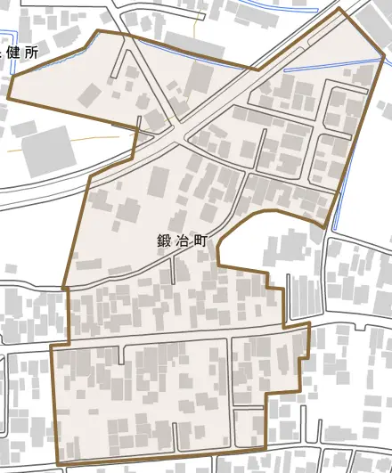 鍛冶町とその周辺の地図。町の範囲を重ねている
