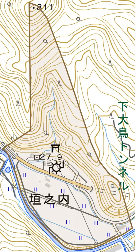 垣之内とその周辺の地図。町の範囲を重ねている