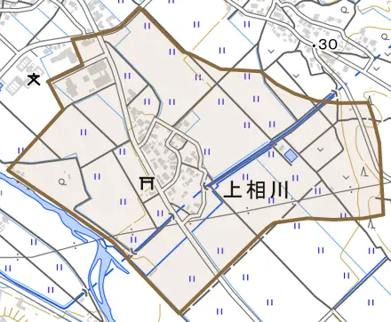 上相川とその周辺の地図。町の範囲を重ねている