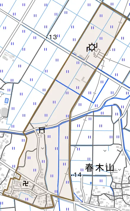 上鍜冶屋とその周辺の地図。町の範囲を重ねている