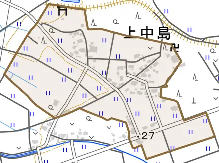 上中島とその周辺の地図。町の範囲を重ねている