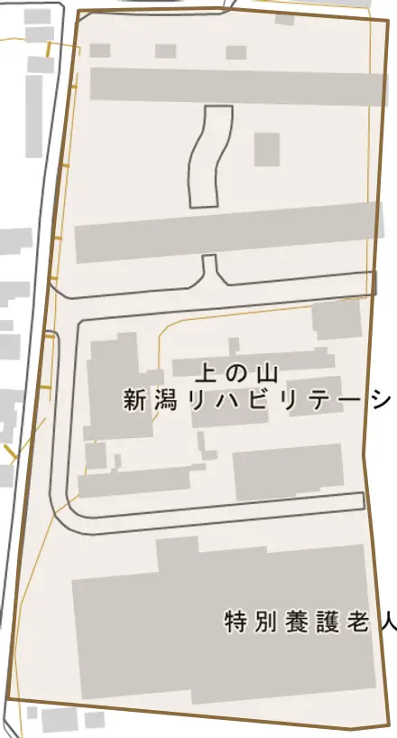 上の山とその周辺の地図。町の範囲を重ねている