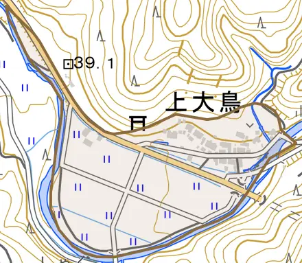 上大鳥とその周辺の地図。町の範囲を重ねている