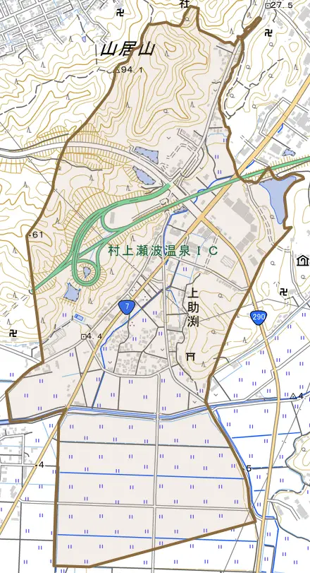 上助渕とその周辺の地図。町の範囲を重ねている