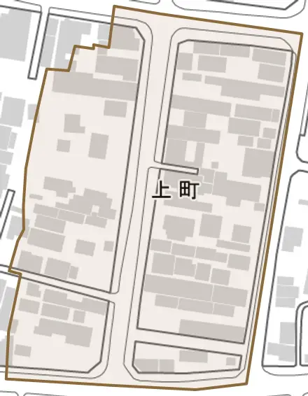 上町とその周辺の地図。町の範囲を重ねている