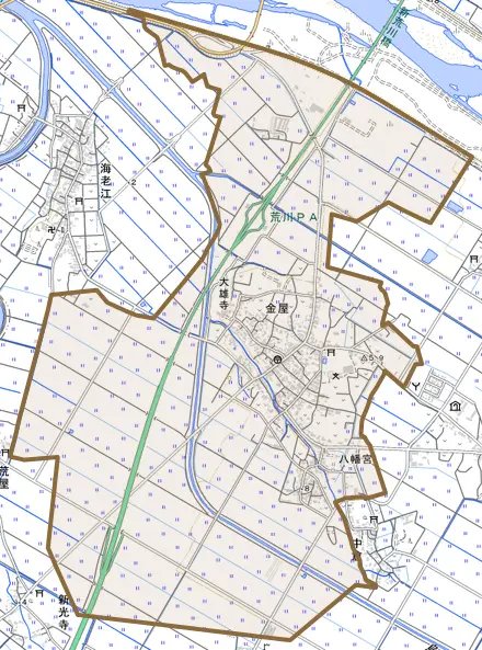 金屋とその周辺の地図。町の範囲を重ねている