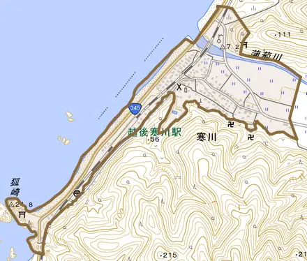 寒川とその周辺の地図。町の範囲を重ねている