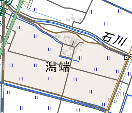 潟端とその周辺の地図。町の範囲を重ねている