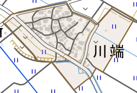 川端とその周辺の地図。町の範囲を重ねている