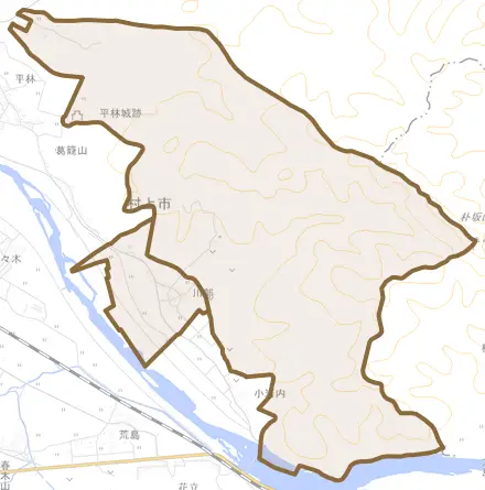 川部とその周辺の地図。町の範囲を重ねている