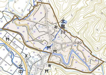 北黒川とその周辺の地図。町の範囲を重ねている