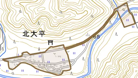 北大平とその周辺の地図。町の範囲を重ねている