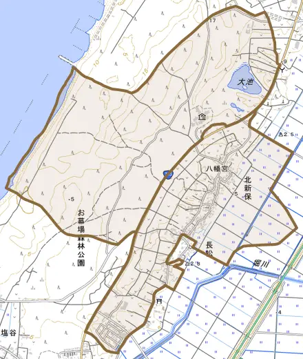 北新保とその周辺の地図。町の範囲を重ねている